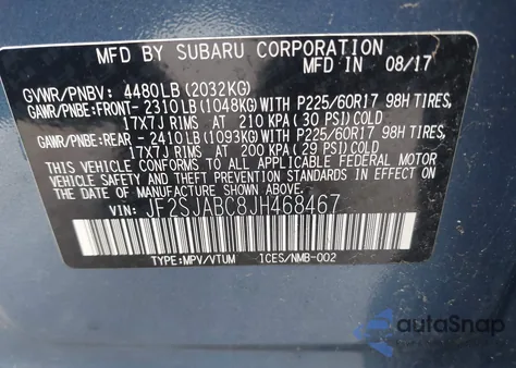 2018 Subaru Forester 2.5I из США, поврежденный, VIN JF2SJABC8JH468467